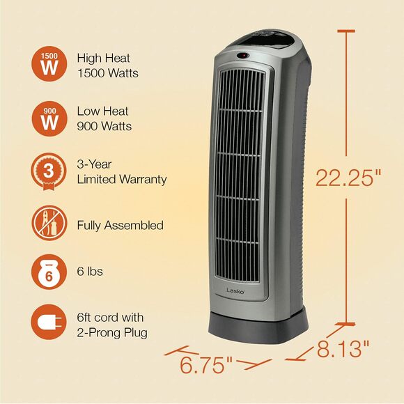 Lasko Portable Oscillating Ceramic Space Heater Tower &Digital Display,Remote - Picture 2 of 5